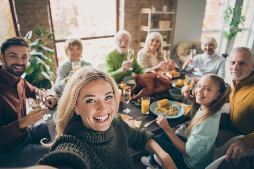 A family having Thanksgiving dinner.